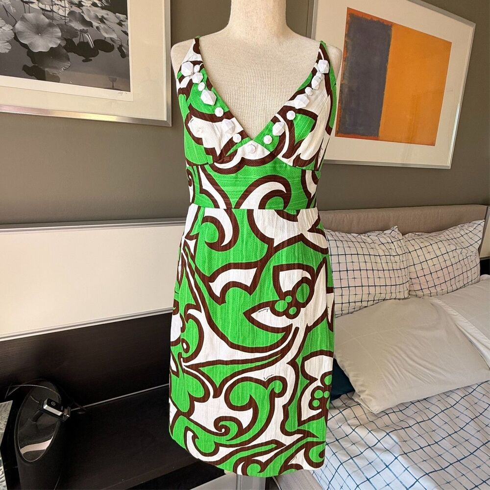 Milly New York Embellished Low Back Party Dress Summer Green White Paisley US 4